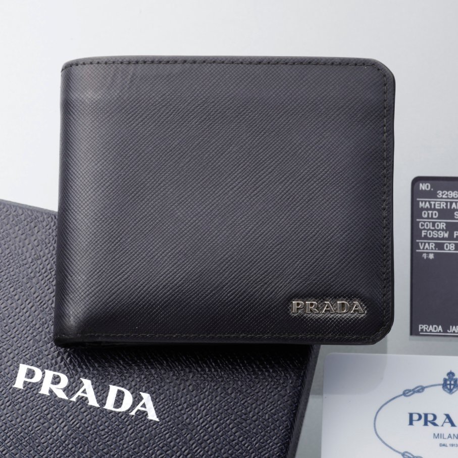 K3499M プラダ ロゴ金具 本革 サフィアーノ 二つ折り 財布 箱付き SPAIN製