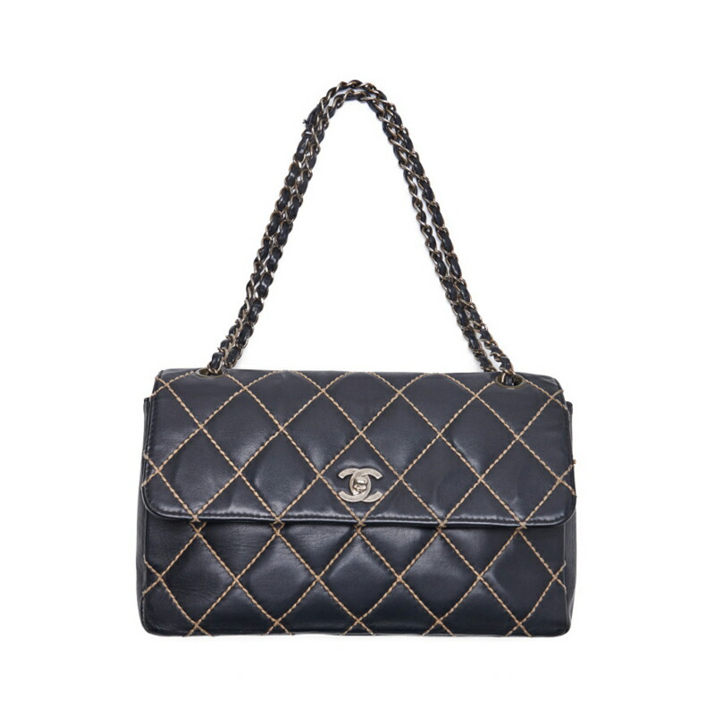 CHANEL シャネル ワイルドステッチ チェーンショルダー カーフレザー 黒×ベージュ （シルバー金具） ショルダーバッグ_画像7