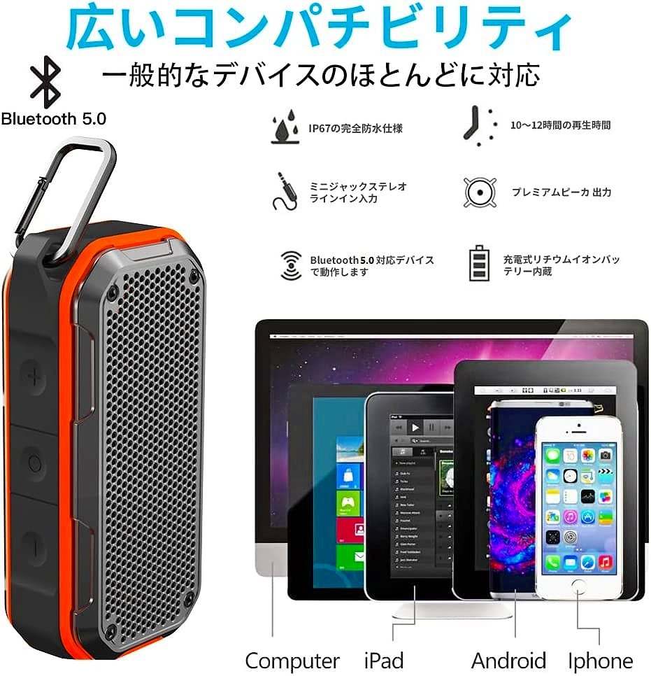 【新品】aitocga BT708 Bluetooth v5.0 防水 お風呂 手元 ワイヤレススピーカー 3.5mm入力 microSD再生 12時間再生 技適 microUSB充電_画像5