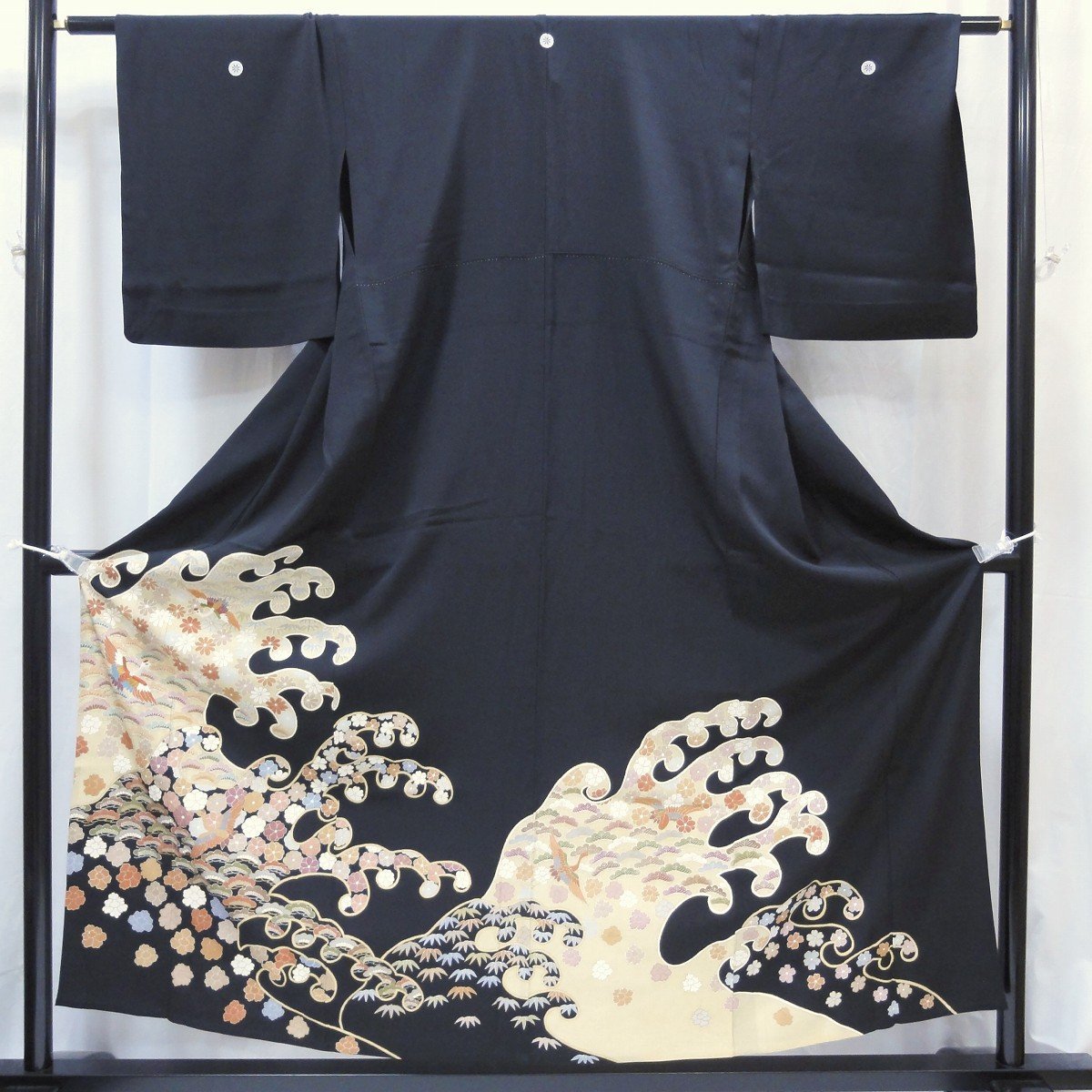 着物・黒留袖・松竹・花・鶴・単衣・正絹・No.200701-0090・梱包サイズ80