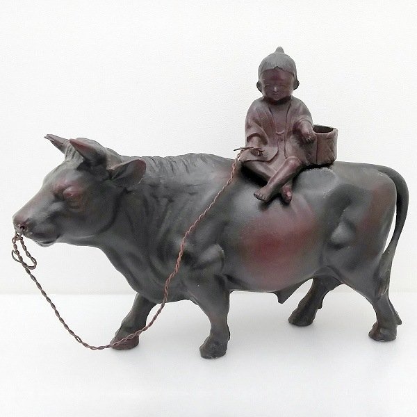 金属製・牛に乗る子ども・置物・No.170129-39・梱包サイズ80