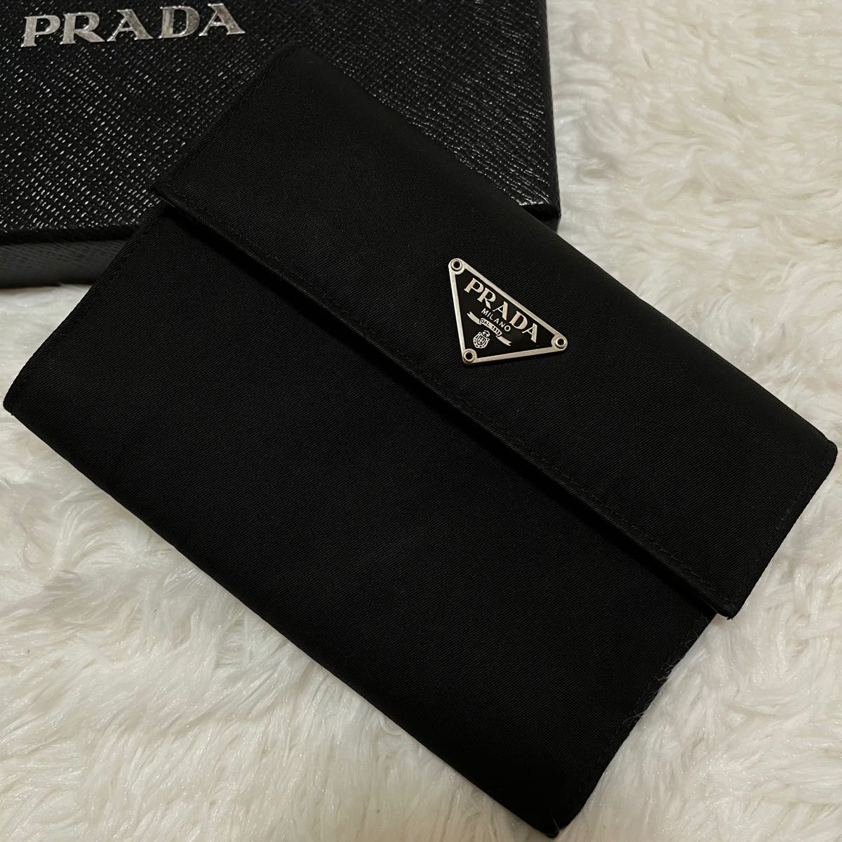 【極美品】PRADA プラダ 三つ折財布 ナイロン レザー ブラック 三角ロゴ 三角プレート NERO サフィアーノレザー