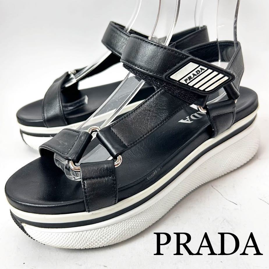 b PRADA プラダ サンダル ベルクロ 厚底 .5 レザー ブラック