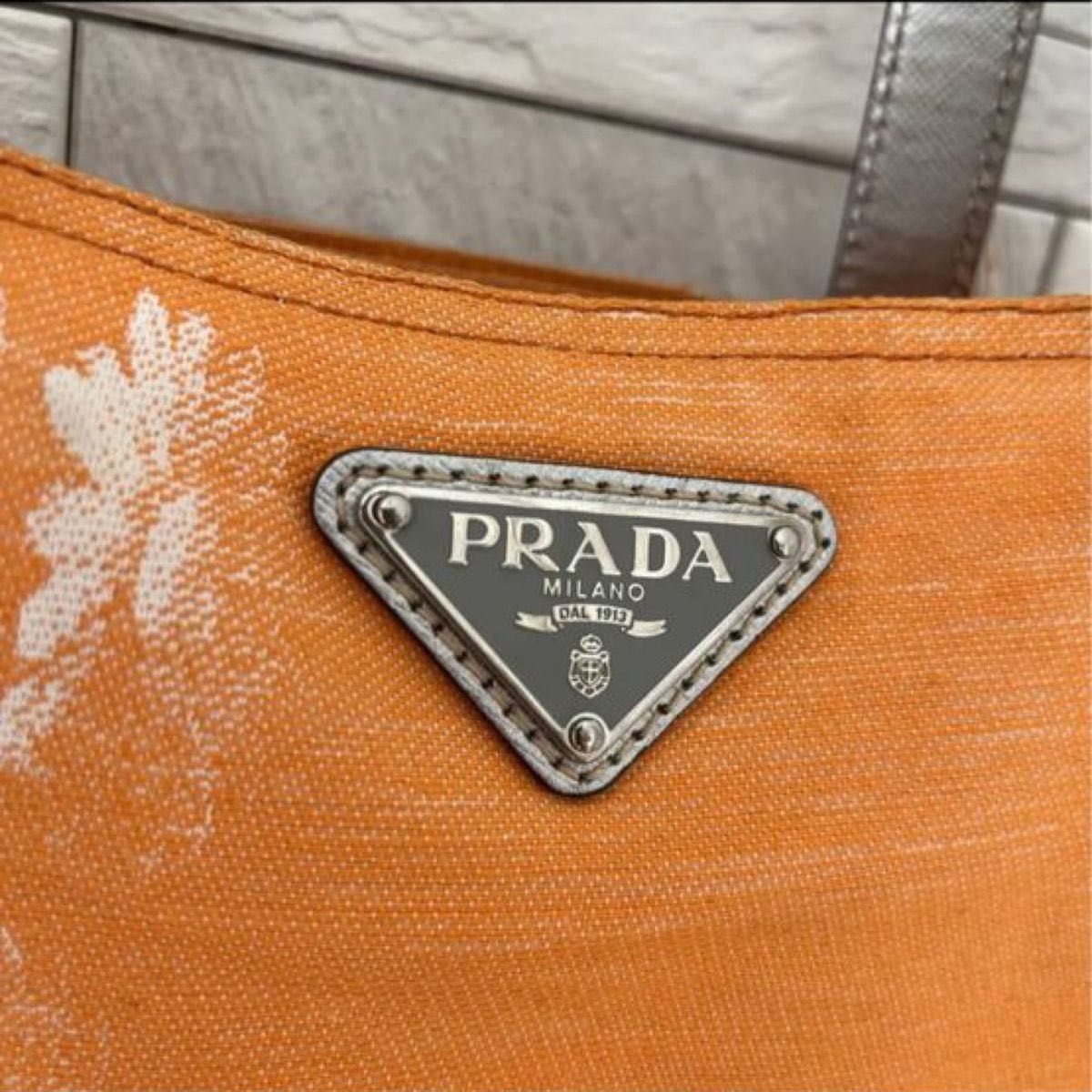 プラダ トートバッグ　ショルダーバッグ 花柄 キャンバス 大容量 A4収納可能 PRADA 肩掛け　希少　レア　オレンジ