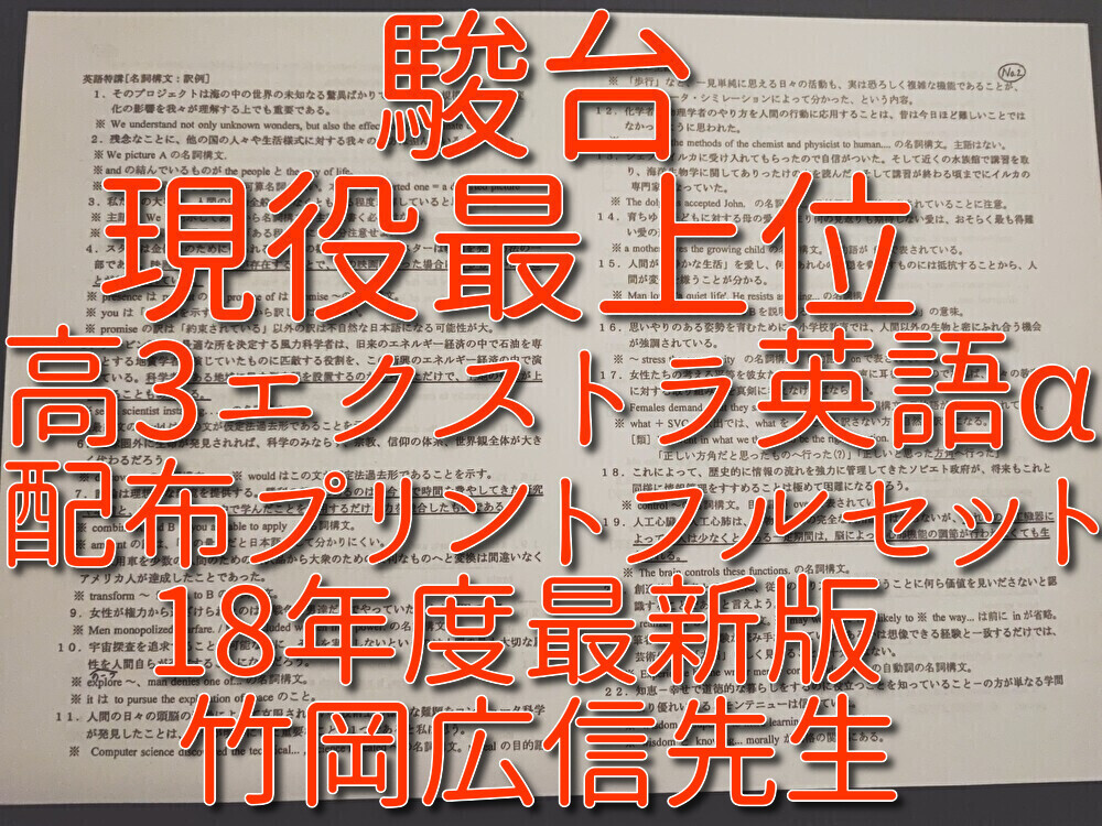 駿台　18年度前後期　竹岡広信先生　高3エクストラ英語α　配布プリントフルセット　最上位クラス　河合塾　鉄緑会　Z会　東進 SEG