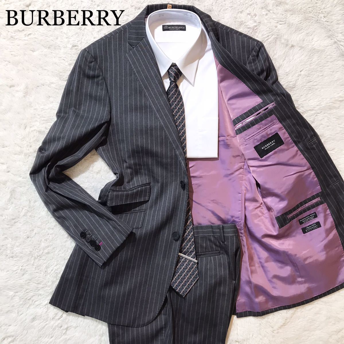 【美品】BURBERRY スーツ 本切羽 グレー ストライプ XLサイズ 42R
