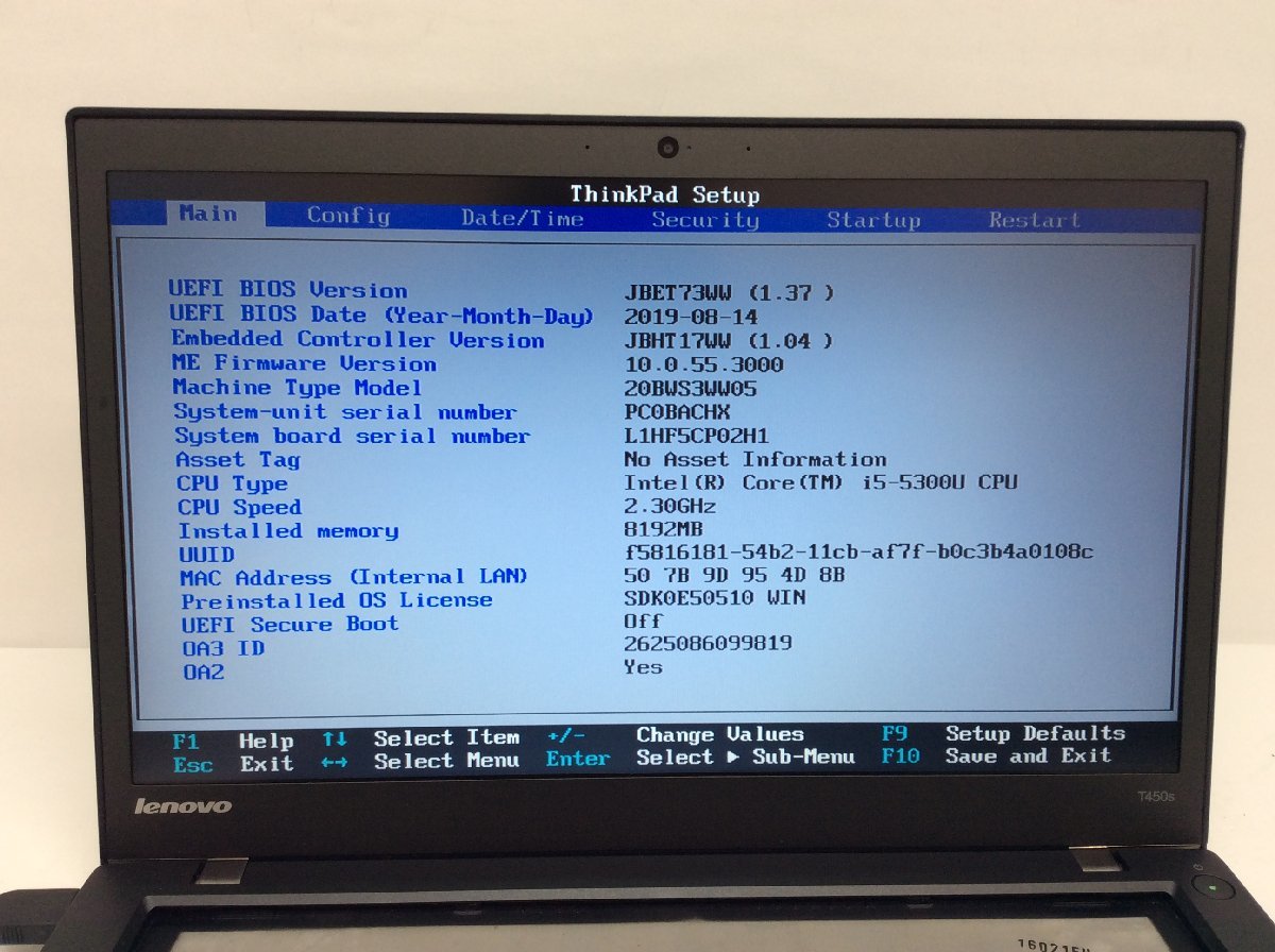 ジャンク/ LENOVO 20BWS3WW05 ThinkPad T450s Intel Core i5-5300U メモリ8.19GB ストレージ無し 【G13556】_画像5