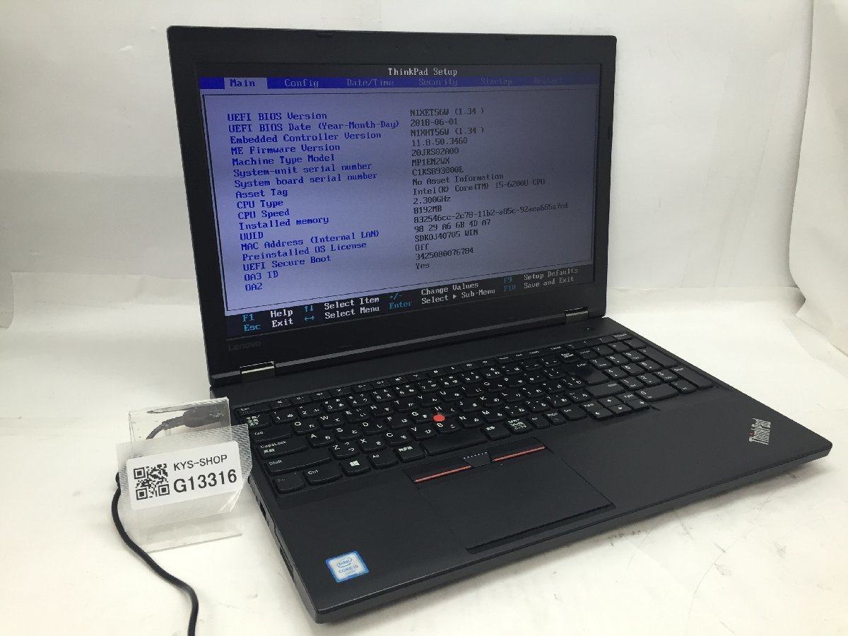 ジャンク/ LENOVO 20JRS02A00 ThinkPad L570 W10DG Intel Core i5-6200U メモリ8.19GB ストレージ無し 【G13316】