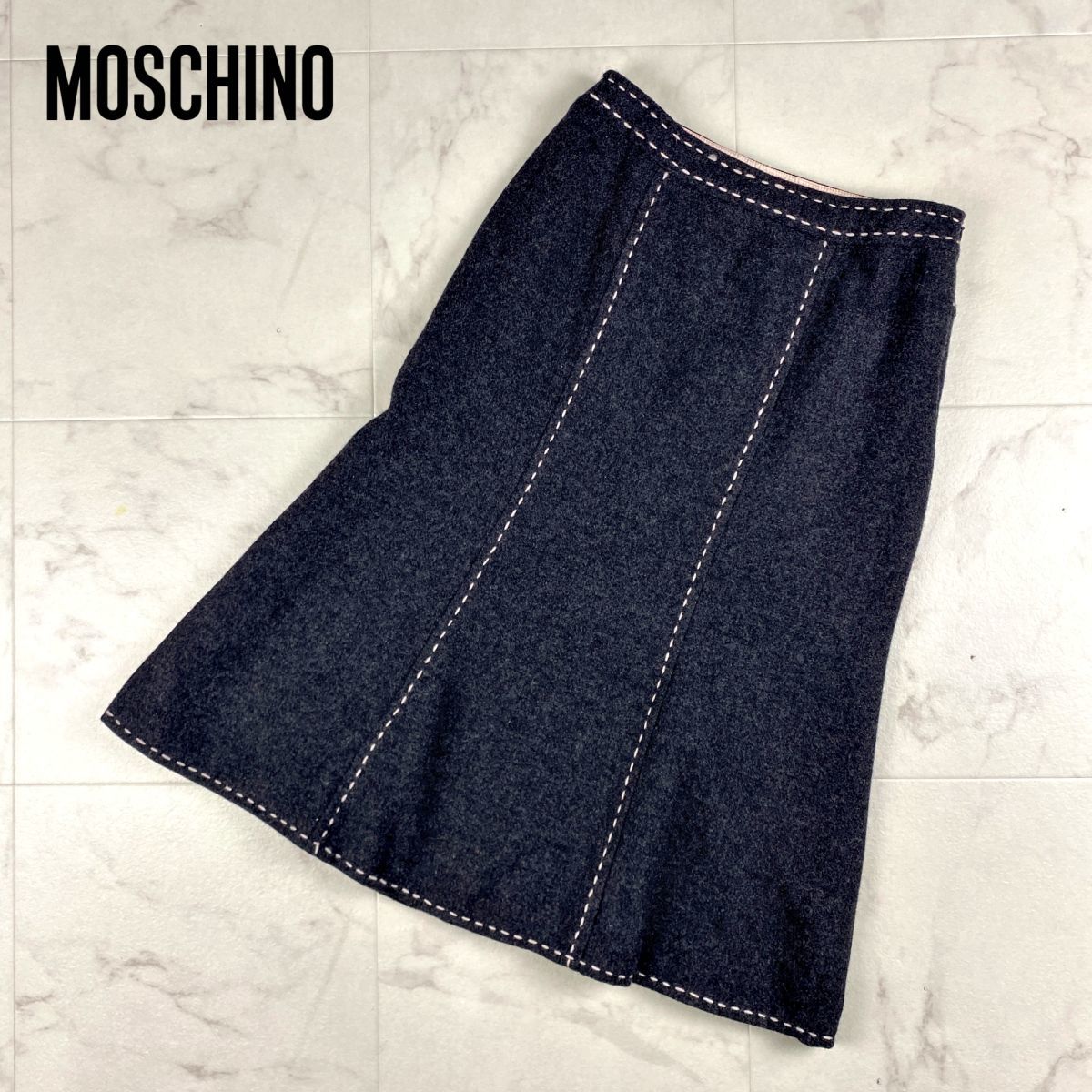 美品 MOSCHINO モスキーノ ウール100% ステッチ刺繍 ペプラムスカート ミモレ丈 裏地あり レディース ボトムス グレー サイズL*HC414_画像1