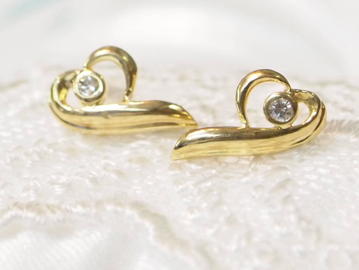 激安正規 新品 送料無料 K18YG製 天然ダイヤ 0.12ct ハート モチーフ スタッド ピアス/イエローゴールド 金/リボン 風/即決有り イエローゴールド台