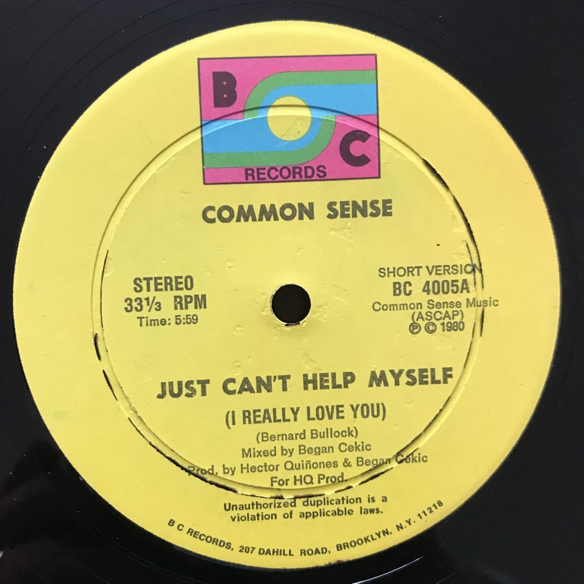 米12inch COMMON SENSE/JUST CAN'T HELP MYSELF（I REALLY LOVE YOU）US盤 BC 4005 コモン・センス DISCO_画像3