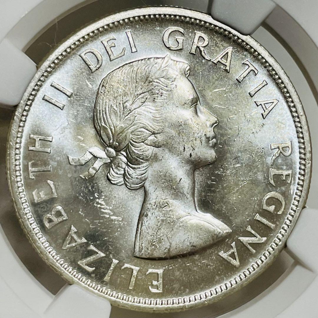 【カナダ 1958 ブリティッシュコロンビア 1ドル 銀貨】NGC MS64 州100周年記念 トーテムポール ヤングヤング エリザベス British Columbia