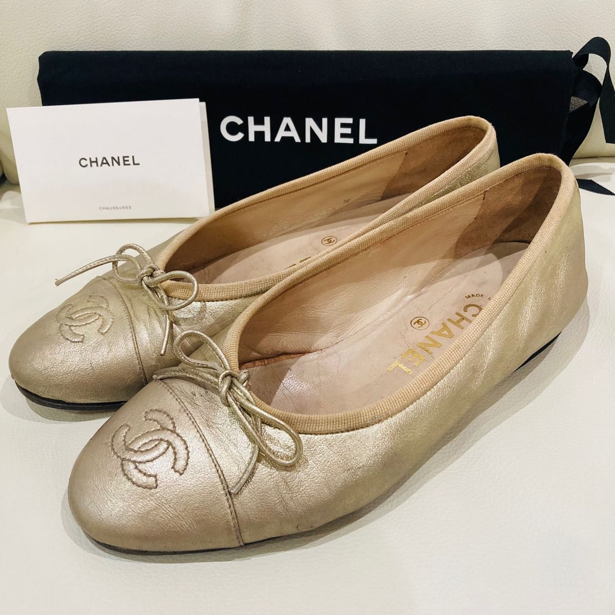 CHANEL シャンパンゴールド バレエシューズ 37 23 5cm バレリーナ ココ