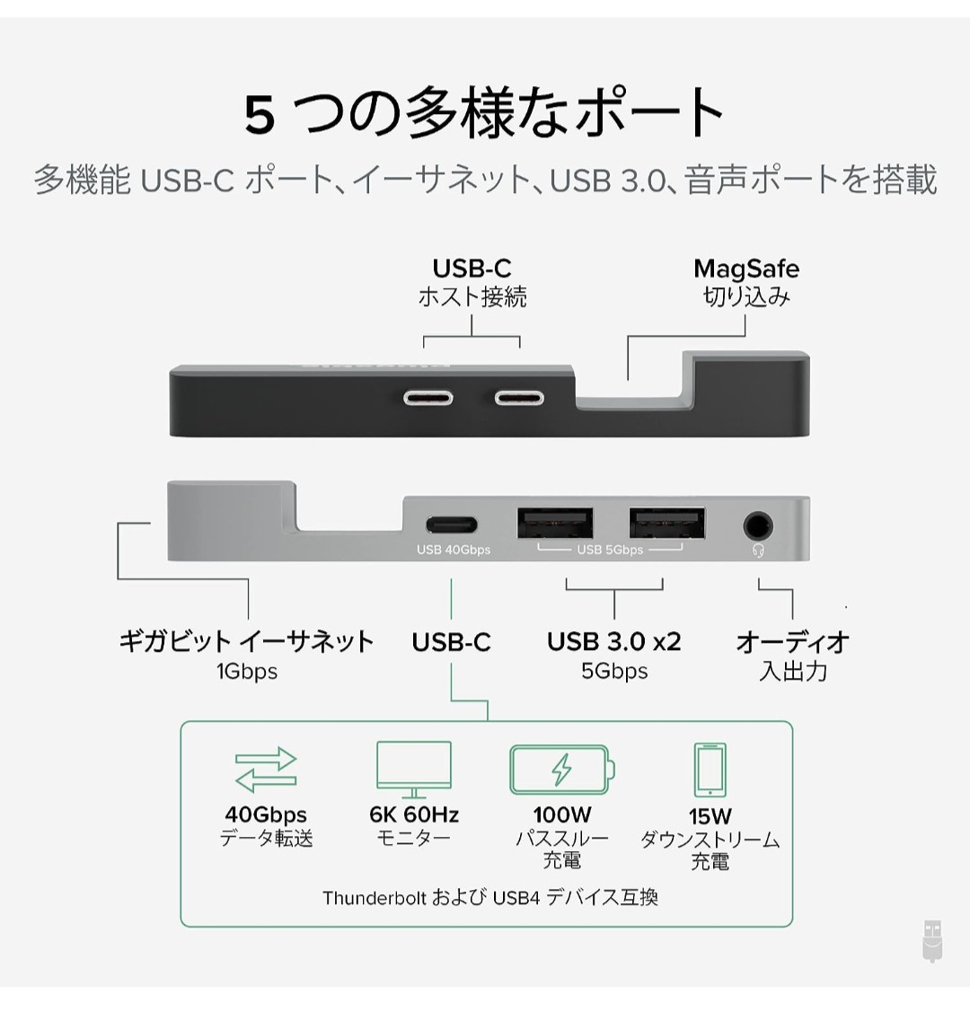 508h3027　Plugable USB-C ハブ 5-in-1 マルチポート アダプター MacBook Pro 14/16 インチ および Macbook Air M2 用 USB-C _画像2