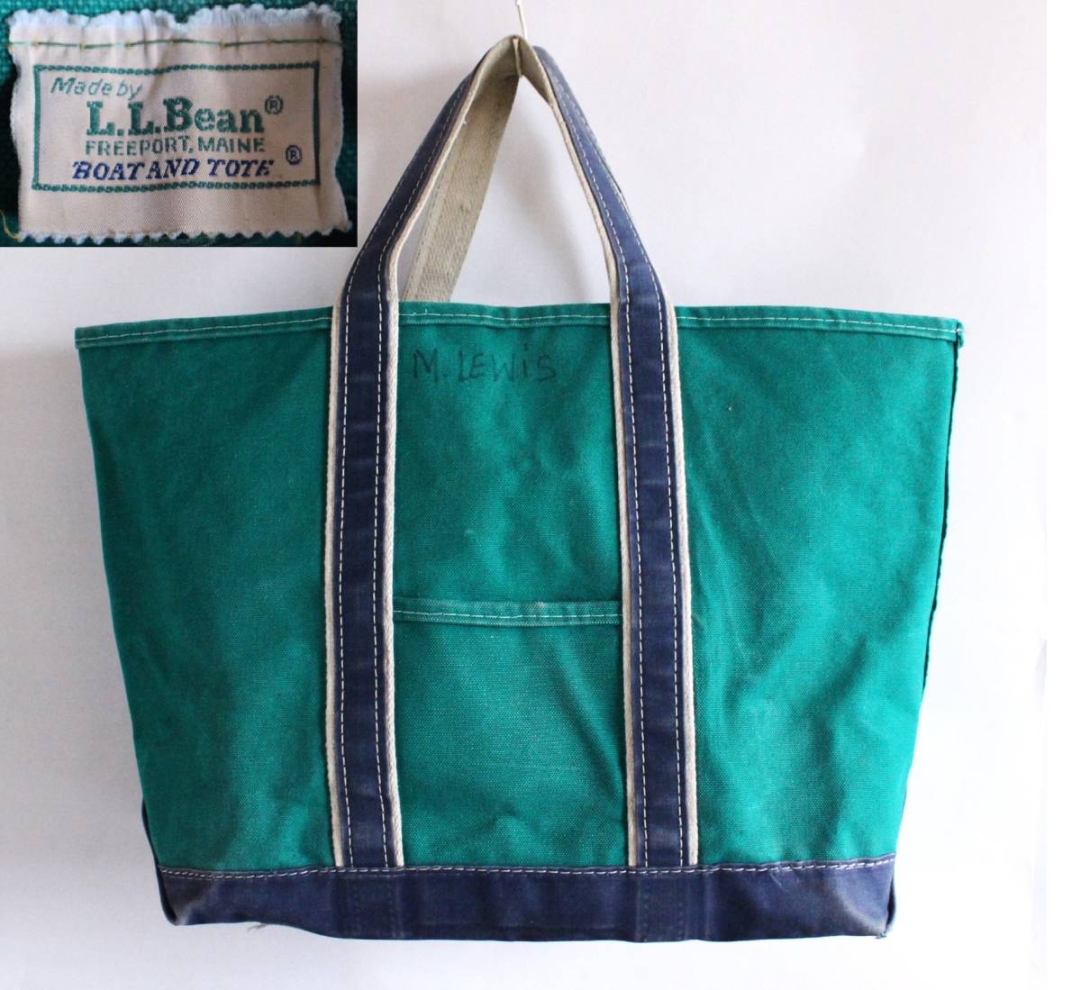 送料無料ビンテージL.L.BEAN トートバッグ 80's 2トーン 2色 ギザタグ BOAT AND TOTE キャンバス グリーン×ネイビー 間口約55cmデラックス_画像1