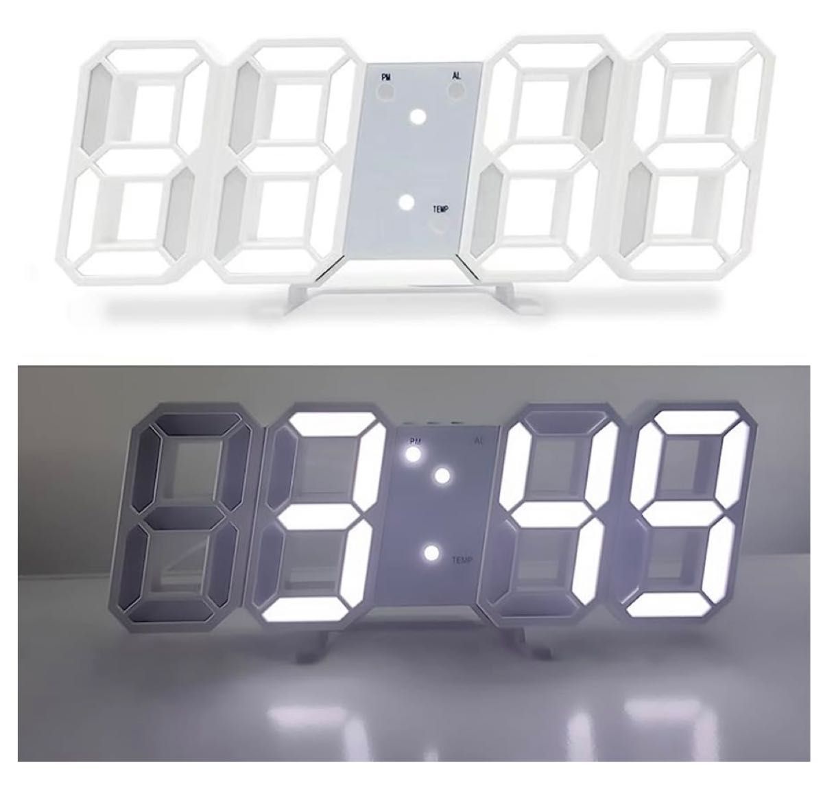 LEDデジタル時計 3Dデザイン アラーム機能付き 置き時計 壁掛け時計 明るさ調整 (ホワイト)