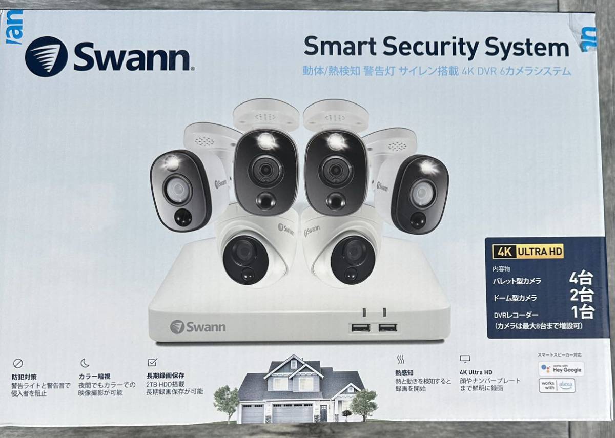 Swann 防犯カメラ 8ch 4K DVR 2TB カラー暗視 音声操作　警告ライト6台セット SWDVK-85680W4WL2D