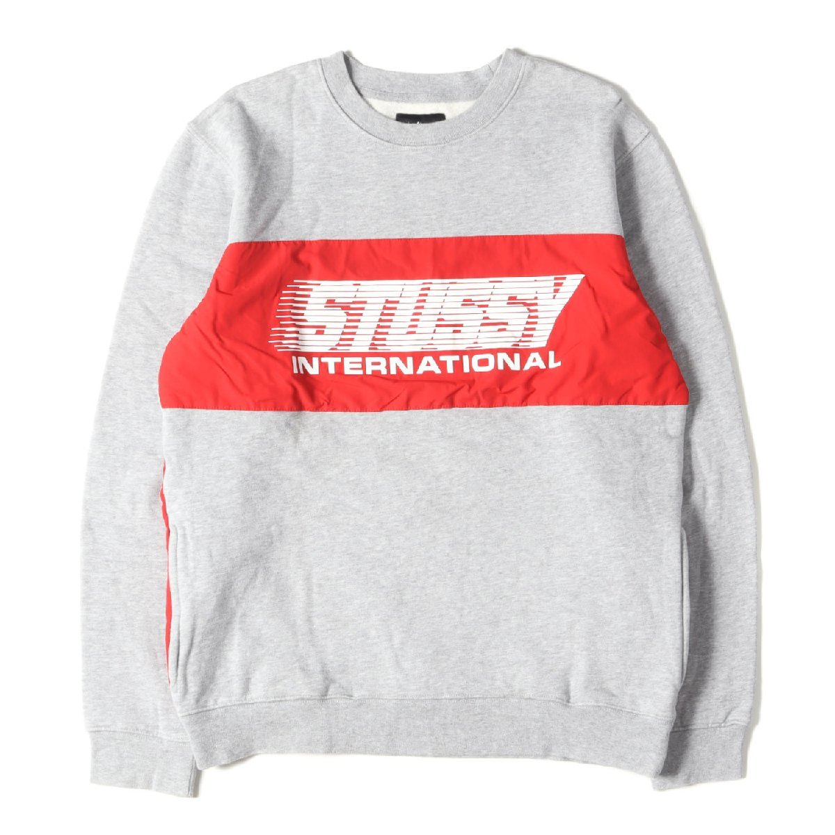 STUSSY ステューシー スウェット サイズ:M ナイロン切替し クルーネック スウェットシャツ ヘザーグレー レッド トップス トレーナー_画像1