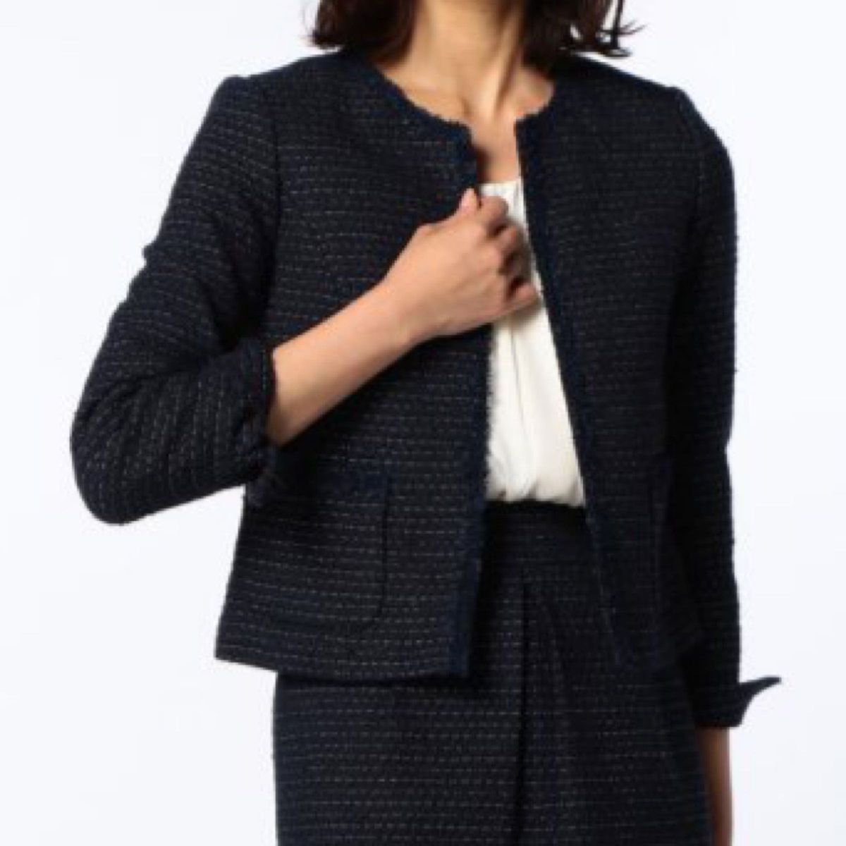 【定価4,7万 】NOLLEY’S ツイード スカートスーツ ネイビー 日本製 ノーカラージャケット ツイードジャケット