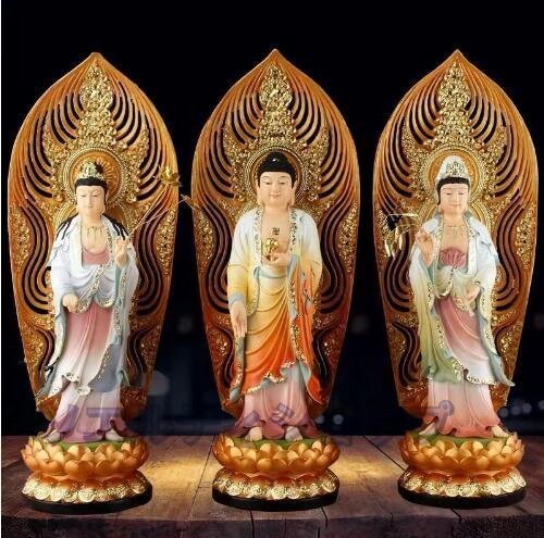 極美品☆仏教三聖工芸品 精密彫刻 極上品 仏師で仕上げ品 西方三聖立像-