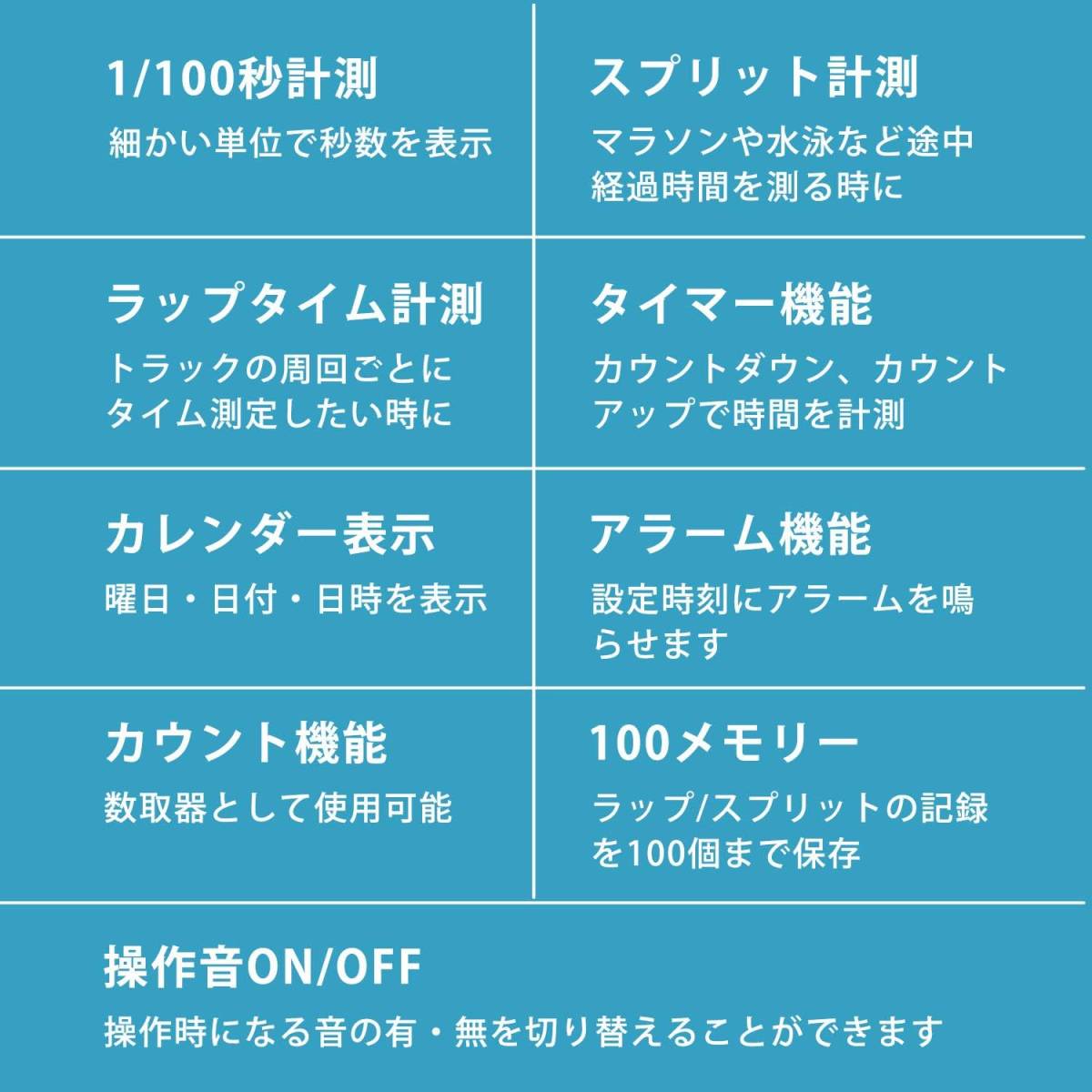 ドリテック ストップウォッチ 消音 勉強 時計 ラップタイム １/１００秒 スプリット アラーム メモリー 電池交換可 SW-124AWTDI ホワイト_画像6