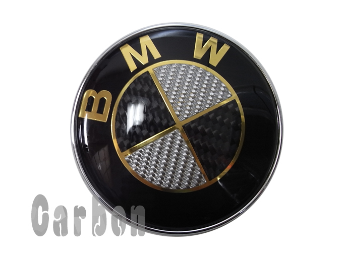 BMW 3シリーズ E46 トランク リア エンブレム リアルカーボン 黒銀 金 ゴールド 74mm_画像1