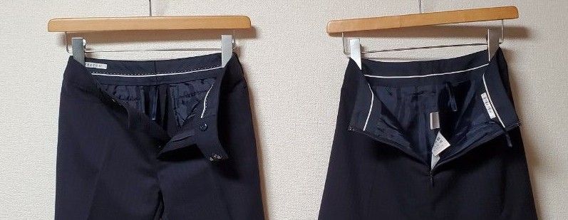 洋服の青山　×　佐々木希　レディース　ビジネス　スカート　パンツ　スーツ　セットアップ　ネイビー　ストライプ　シルク混　ストレッチ