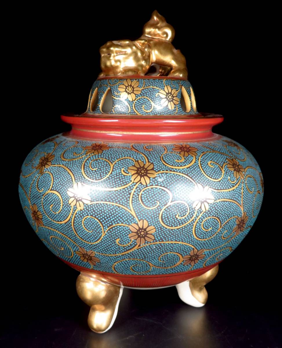 [SAKURAYA] rare work [ gold paint blue bead Tang . writing lion . large censer / Kutani Kutani good mountain ] small .. attaching .. tea utensils antique goods old work of art author Zaimei height 33cm