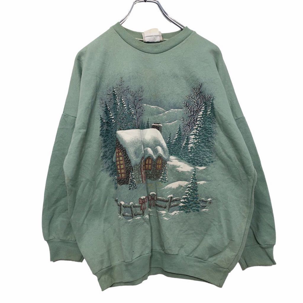  used old clothes GREAT LAKS COUNTRY print sweat sweatshirt lady's S green white snow house tree old clothes . America buying up a509-5317