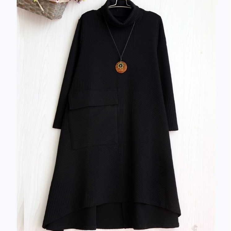 ta-toru neck One-piece black 2XL lady's long long sleeve plain with pocket easy body type cover put on .. stylish simple 