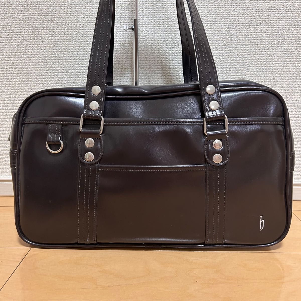 ボストンバッグ 黒と茶色の合成皮革 スクールバッグ 合皮 hマーク ブラウン 茶色 学生鞄 学生バッグ