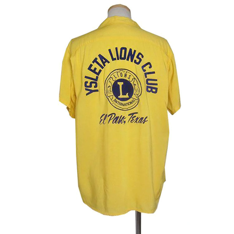 HILTON ビンテージ ボウリングシャツ レーヨン メンズ Lサイズ ボーリング フロッキープリント ライオンズクラブ 半袖 古着 アメリカ製