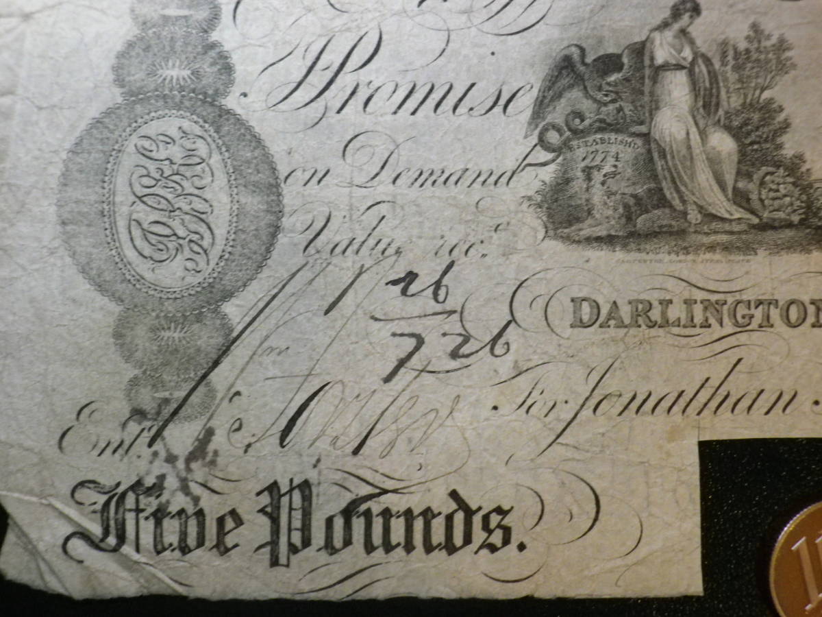 レア！ イギリス Darlington Bank 1879年 5Pounds 劣品+ 手書きシリアル_画像3