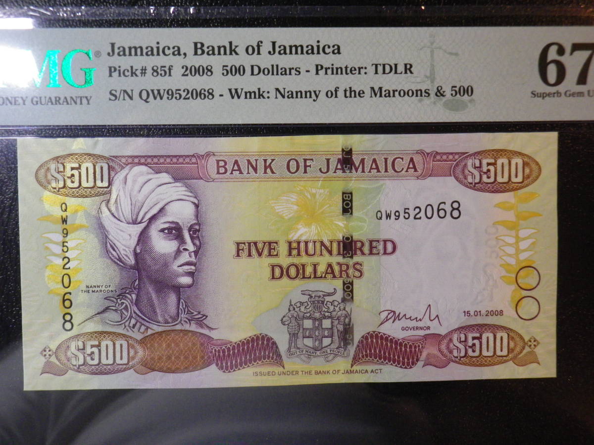 ジャマイカ 2008年 500Dollars 未使用＋＋PMG 67 Superb Gem UNc