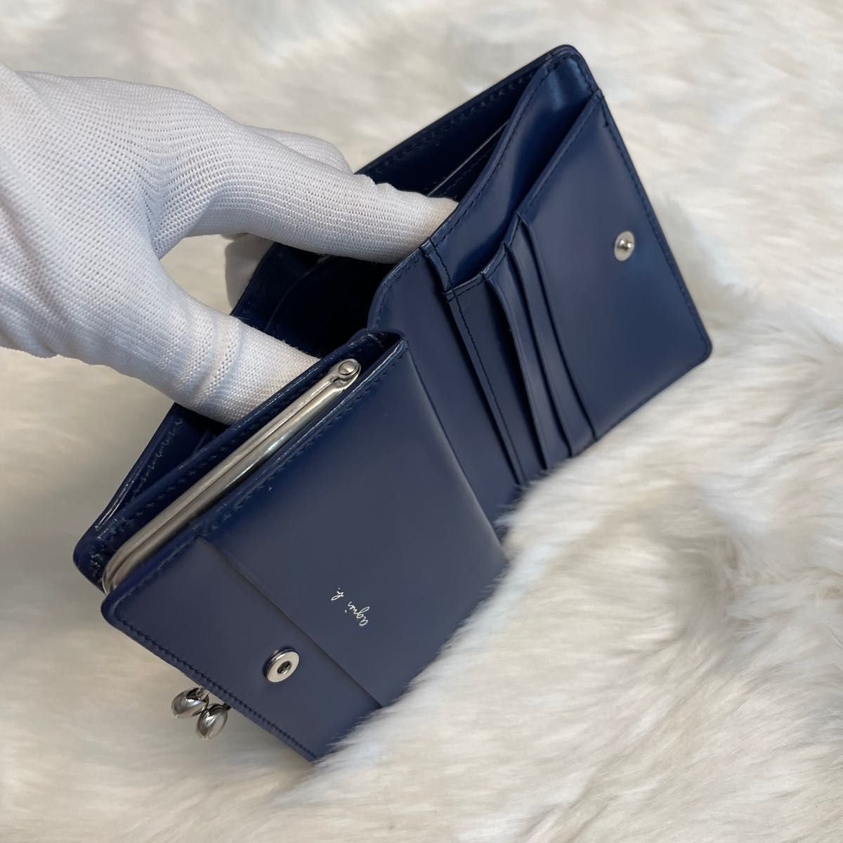 美品】アニエスベー 折財布 グリーン がま口 レザー バイカラー