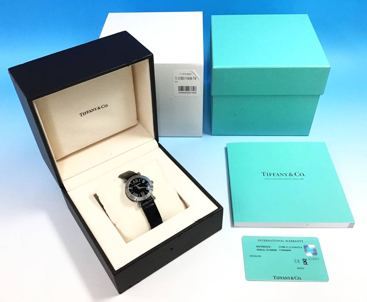 動作品 TIFFANY&Co. アトラス 腕時計 Z1300.11.11A10A71A クォーツ レザーベルト デイト 黒文字盤 レディース ティファニー