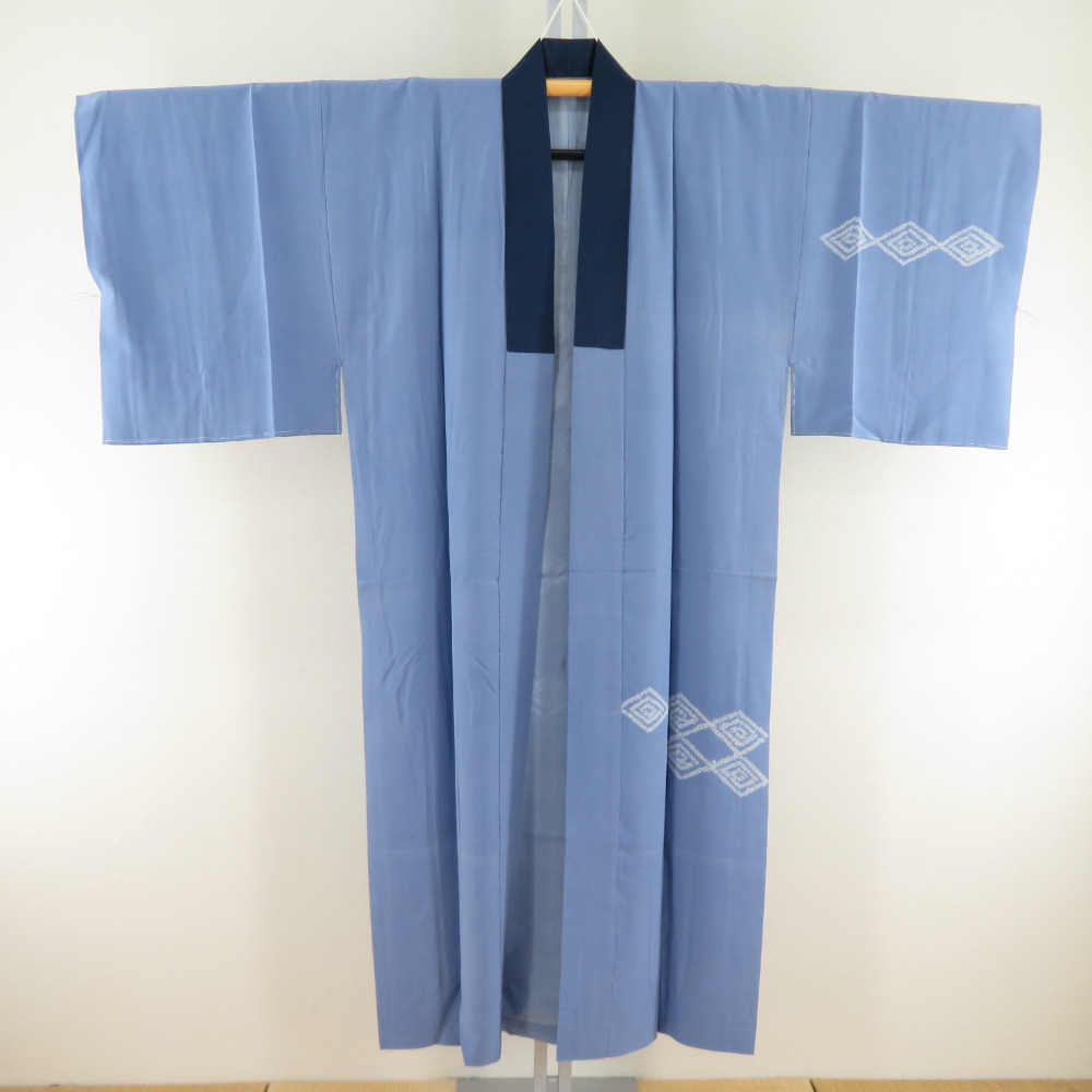  underskirt silk for man aperture stop Edo scenery writing sama blue color . long kimono-like garment casual men's kimono for length 138cm