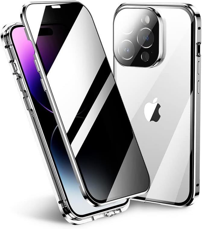 ロック付き 覗き見防止 iPhone15 Pro ケース カメラ保護 両面ガラス カバー アルミバンパー マグネット式 アイフォン15プロマック ケース_画像2