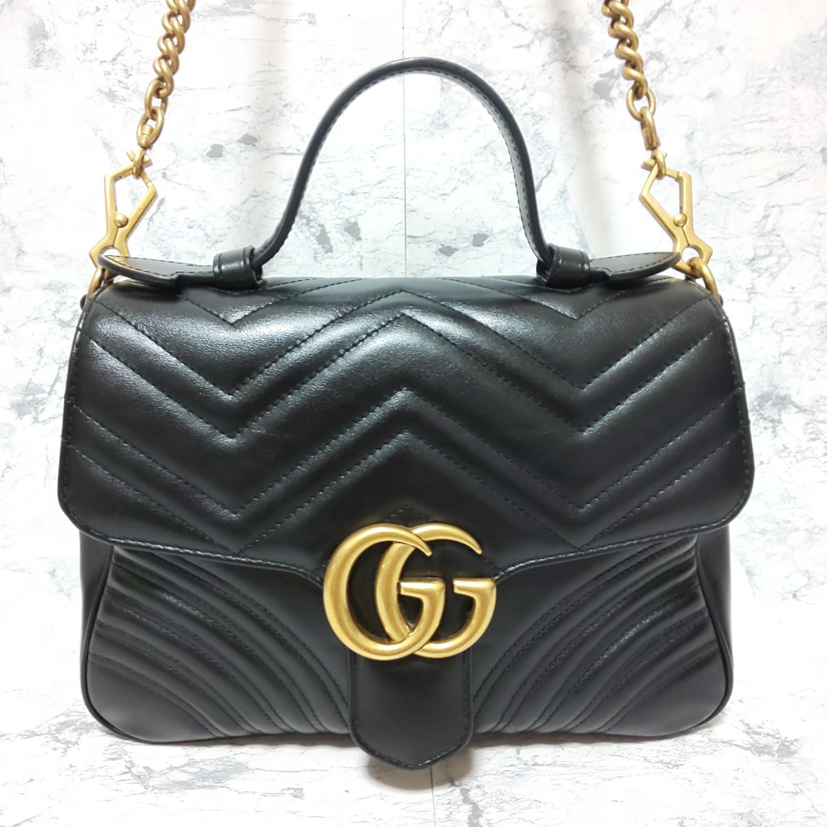 【極美品】GUCCI グッチ GGマーモント スモールトップハンドル 2wayチェーンショルダーバッグ キルティング カーフレザー 498110 ハート 黒