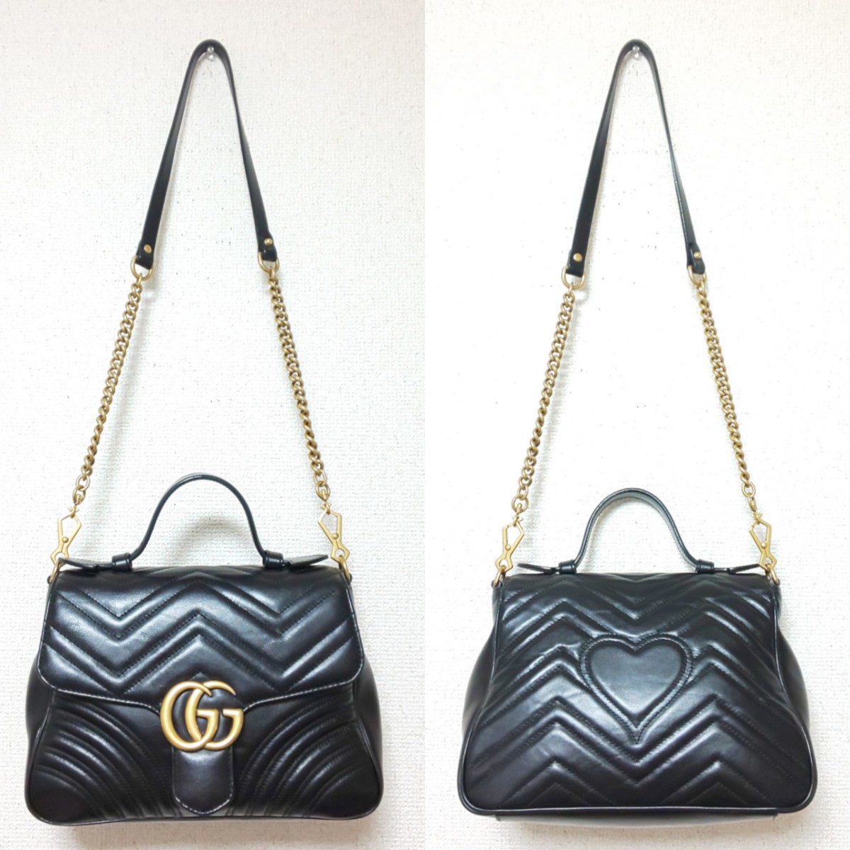 【極美品】GUCCI グッチ GGマーモント スモールトップハンドル 2wayチェーンショルダーバッグ キルティング カーフレザー 498110 ハート 黒