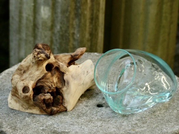 吹きガラスの花瓶+流木台座 15cm アクアリウム水槽 テラリウム ガラスオブジェ メダカ鉢　玄関飾り　0829d_画像5