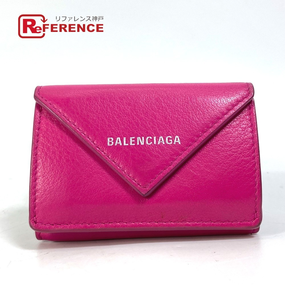 BALENCIAGA Balenciaga 391446 Logo paper Mini compact wallet 3. folding purse leather Pink Lady -s[ used ]