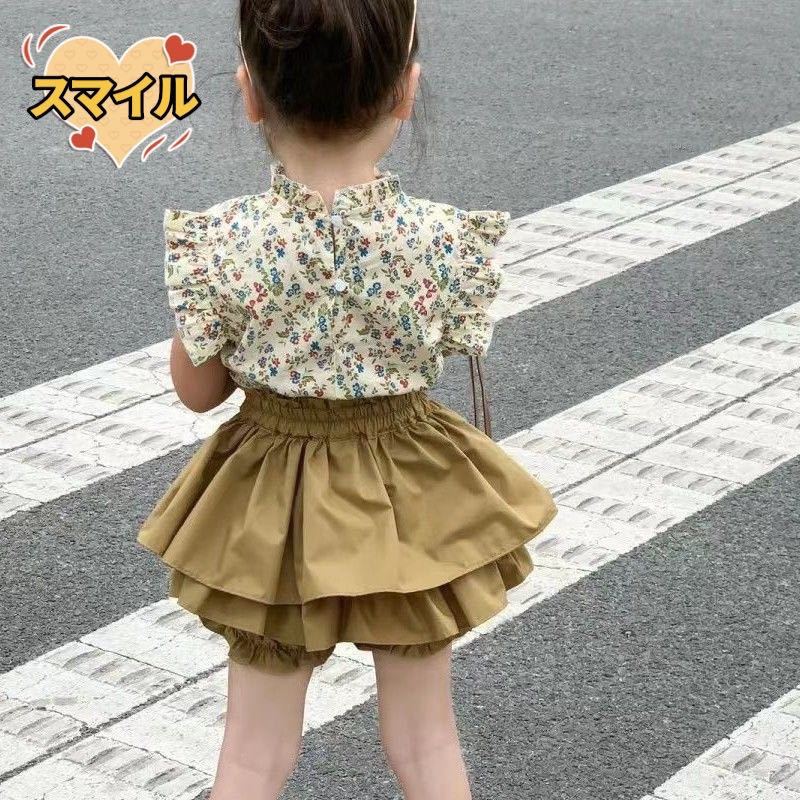 キッズセットアップ　花柄シャツ　キュロットパンツ　フリル　女の子上下セット90