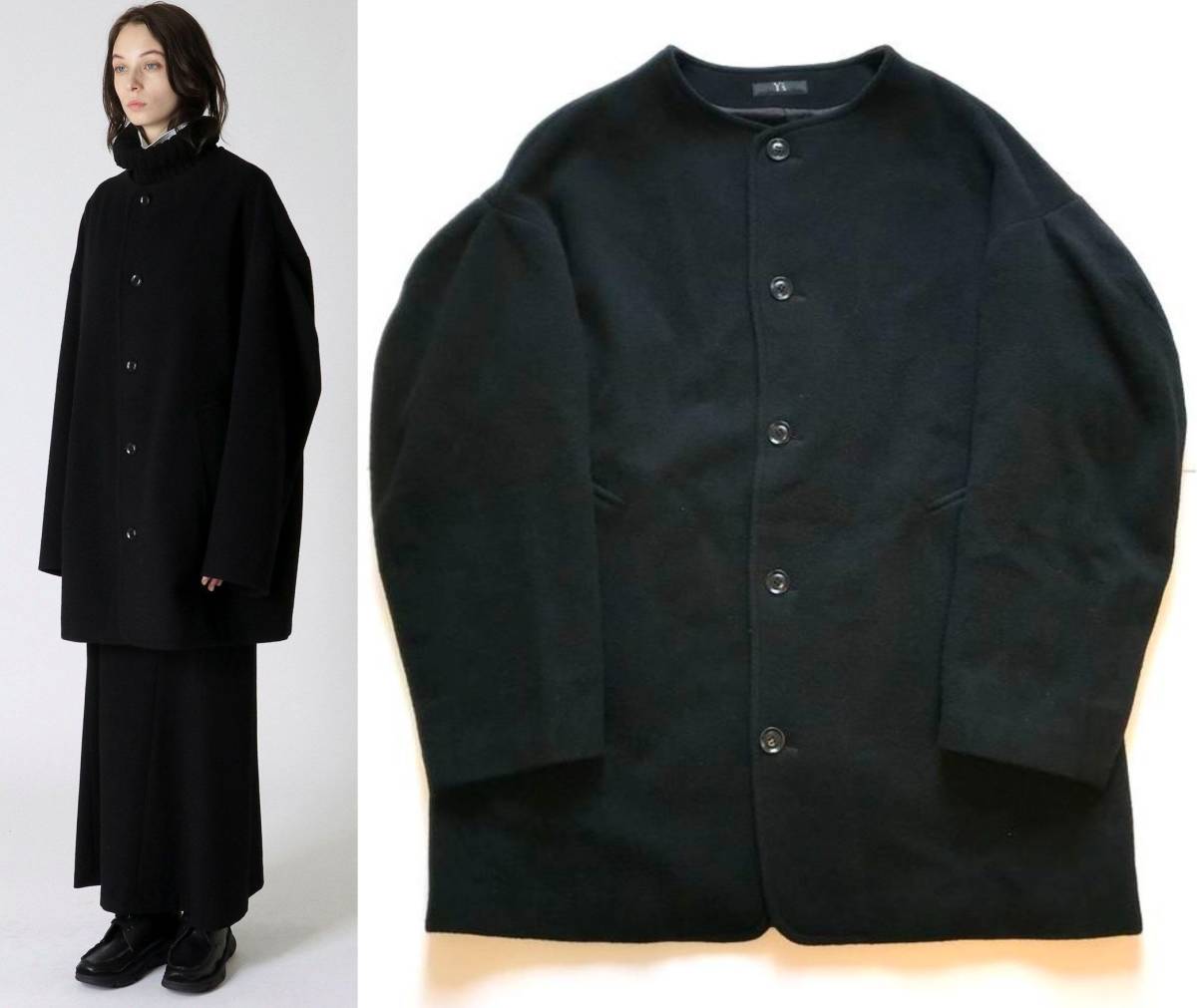 22AW Y's ワイズ WOOL MOSSER NO COLLAR JACKET ウール モッサ ノーカラージャケット ブラック 黒 size:2/コート アウター ヨウジヤマモト_画像1