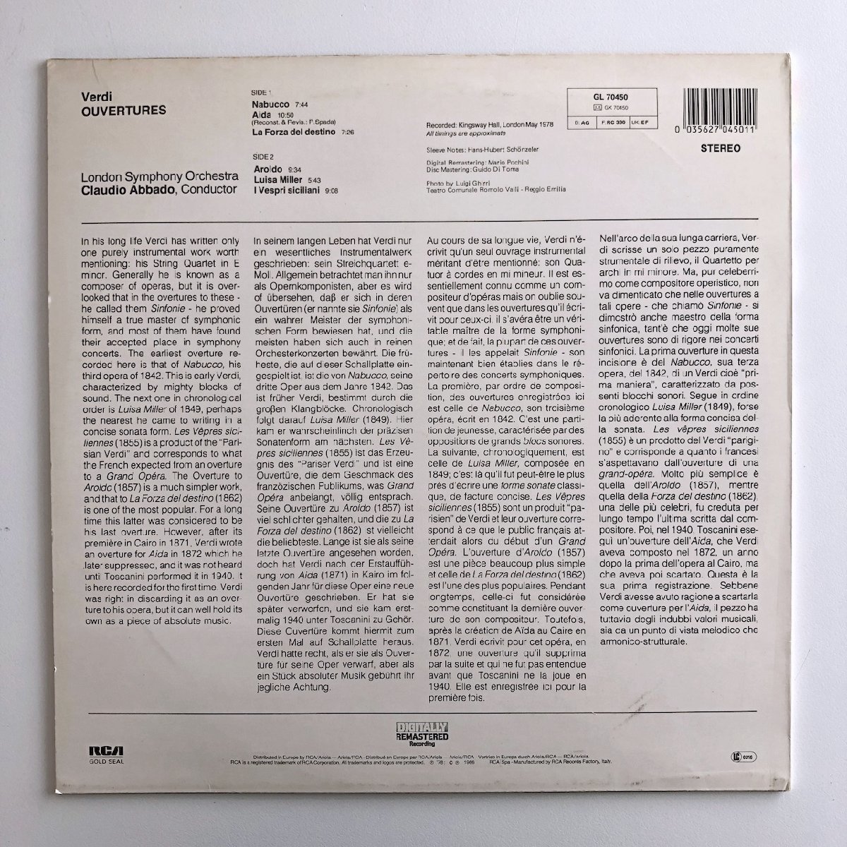 LP/ アバド、ロンドン交響楽団 / ヴェルディ：序曲集 / イタリア盤 RCA GL70450 30915_画像2