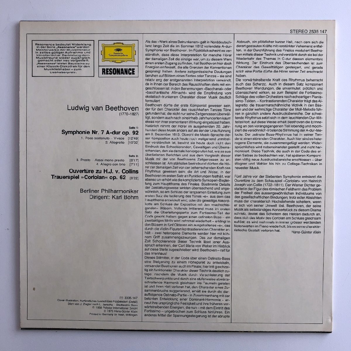 LP/ ベーム、ベルリンフィル / ベートーヴェン：交響曲第7番 / ドイツ盤 DGG 2535147 30915_画像2