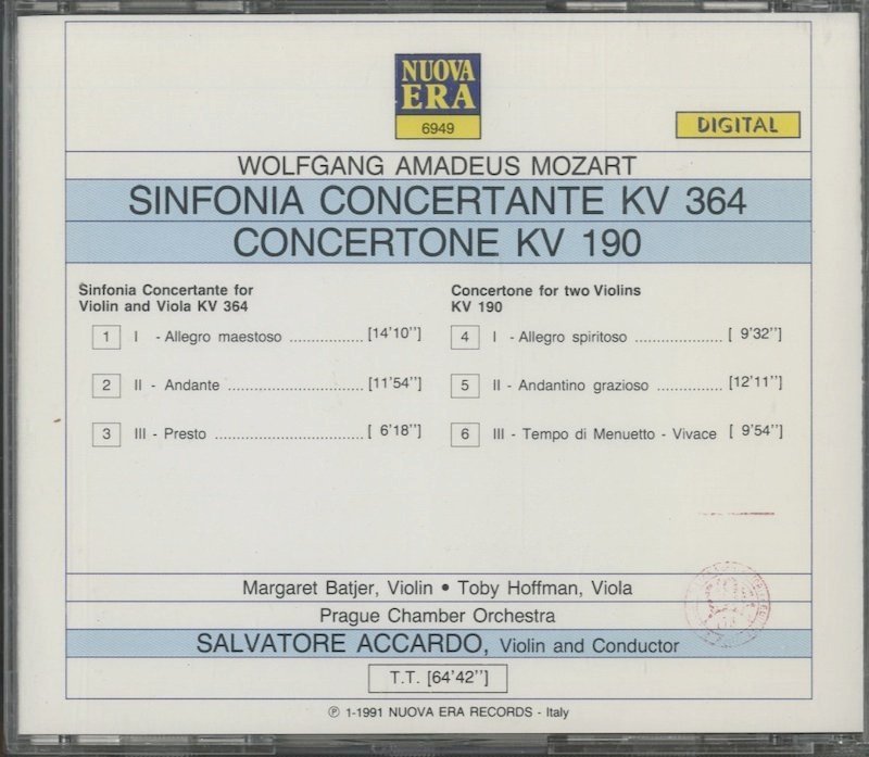 CD/ バーチャー、ホフマン / モーツァルト：ヴァイオリンとヴィオラのための協奏交響曲、コンチェルトーネ / 輸入盤 6949 30901_画像2