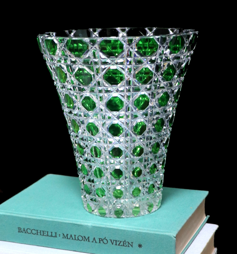 オールド・バカラ (BACCARAT) 上級作品 ディアマン・ピエーリー 緑色装飾 大型 花瓶 壺 春海商会 アンティーク 切子 グリーン ギヤマン_画像1