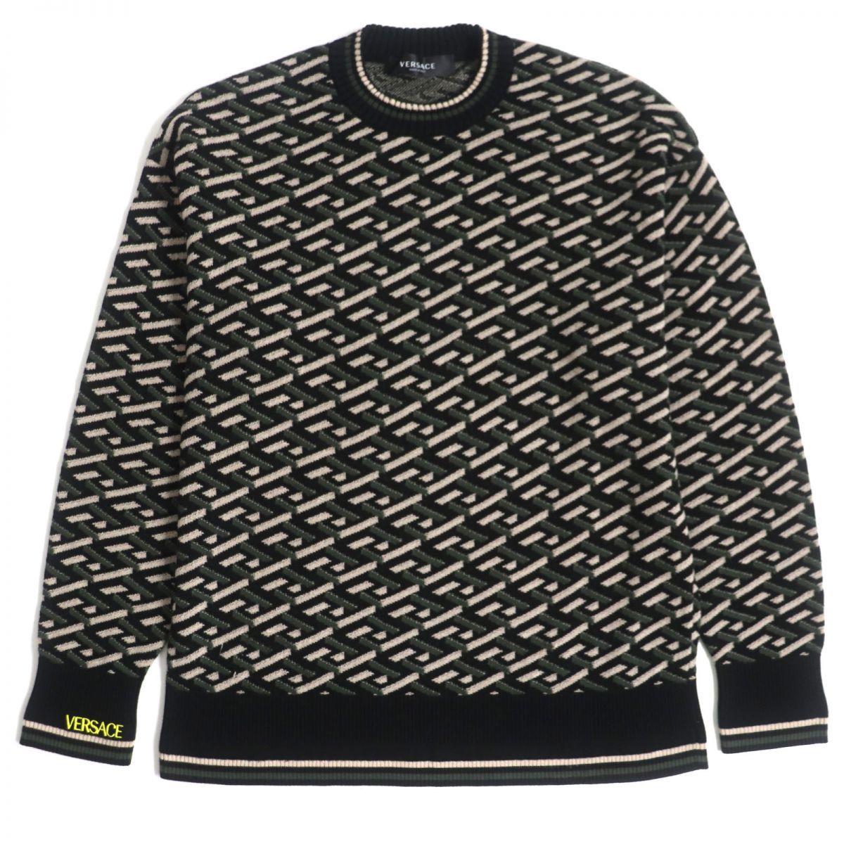 【全商品オープニング価格 特別価格】 美品▼VERSACE ヴェルサーチ 正規品 伊製 170/84A 46 黒×緑×ベージュ 長袖ニットセーター ジャガード 袖ロゴ入り 総柄 グレカ ラ 1002347 セーター 【全商品オープニング価格 特別価格】 美品▼VERSACE ヴェルサーチ 正規品 伊製 170/84A 46 黒×緑×ベージュ 長袖ニットセーター ジャガード 袖ロゴ入り 総柄 グレカ ラ 1002347 セーター