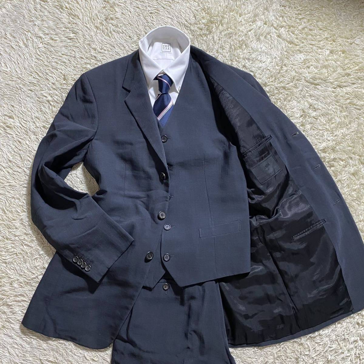 プラダ 『圧巻のスリーピース』 PRADA セットアップ スーツ 3B ジャケット スラックス Lサイズ 48 黒タグ グレー系 灰色 ビジネス メンズ